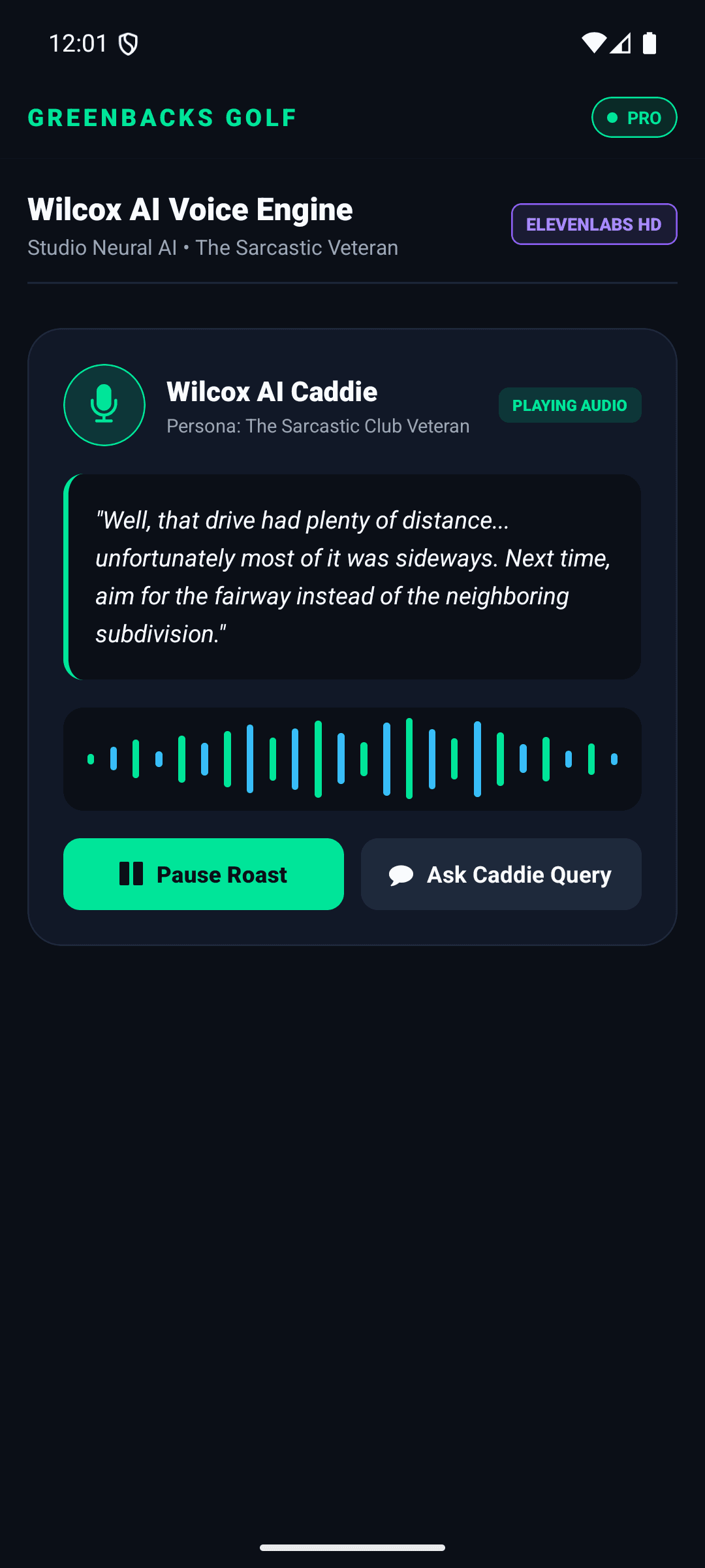 Wilcox AI Caddie Roast Screen