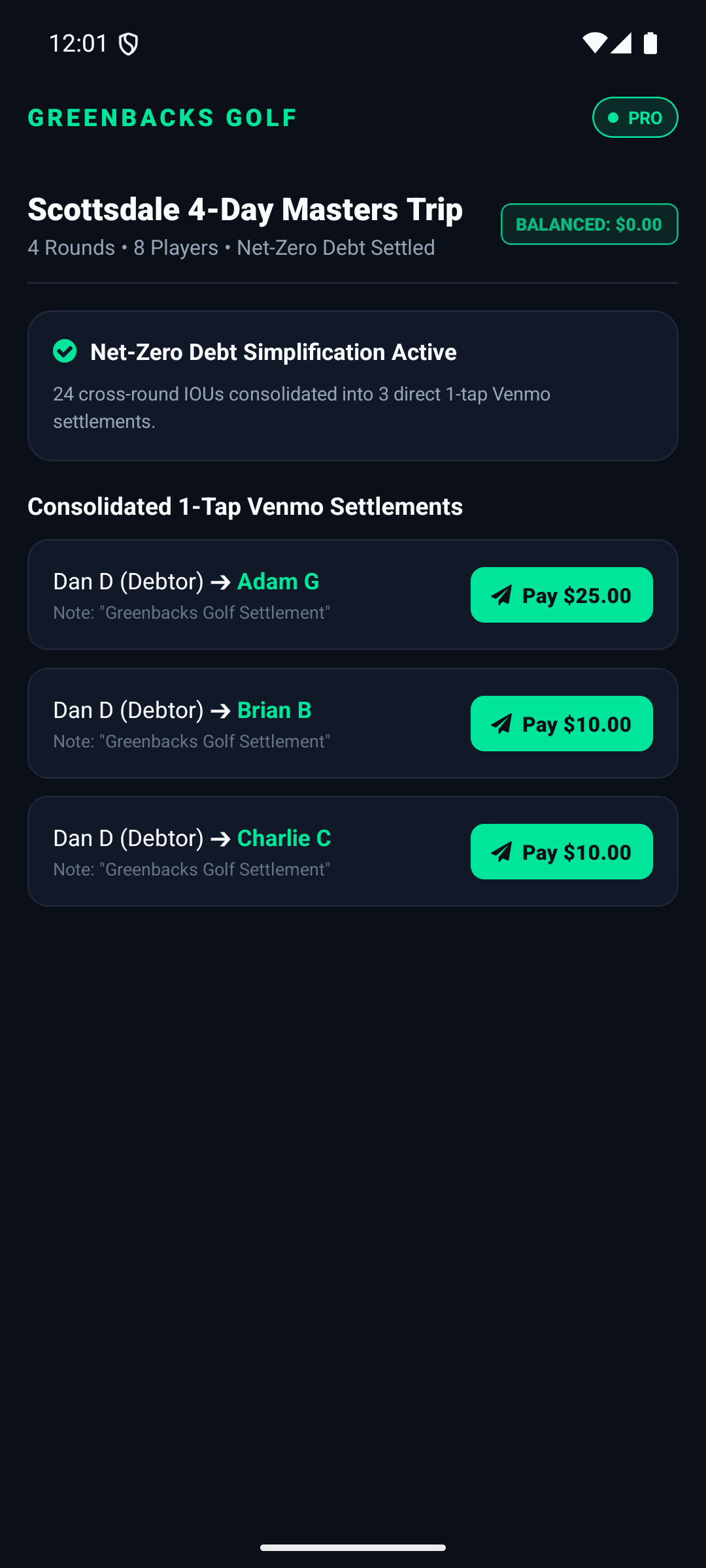Multi-Day Golf Trip Ledger and Debt Simplification